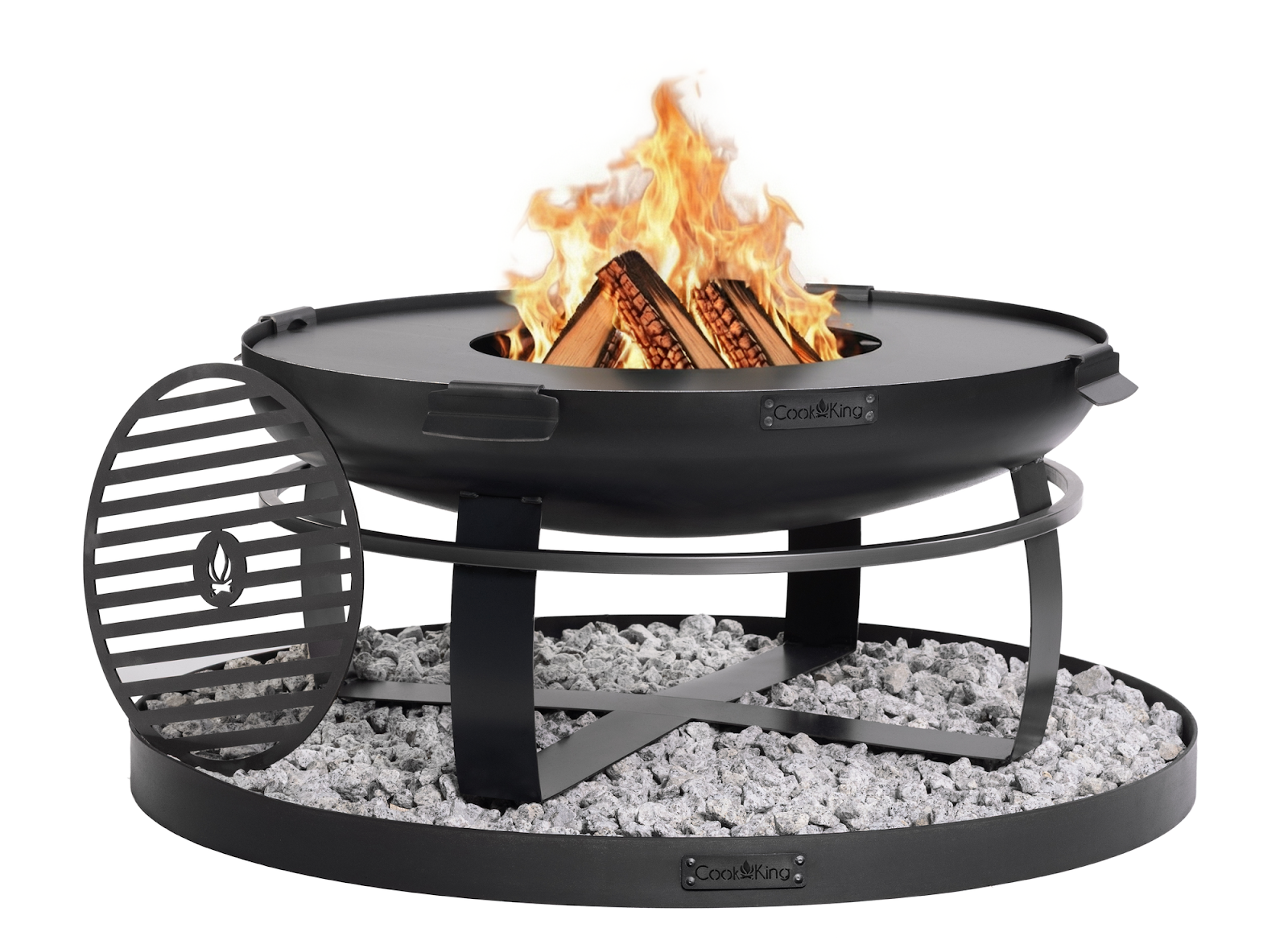 Cookking Feuerschale "VIKING" 80 cm inkl. Grillplatte 78 cm mit 4 Griffen, Grillrost 37 cm und runder Deko-Steinbasis 100 cm