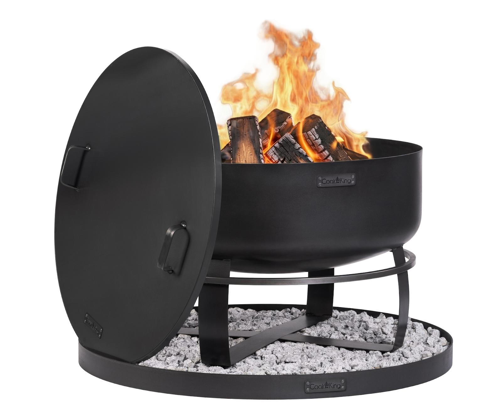 Cookking Feuerschale XXL "VIKING" 80 cm mit Randdeckel 81,5 cm und runder dekorativer Steinbasis 100 cm